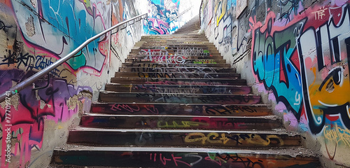 : A staircase covered in vibrant graffiti, a colorful contrast to the gray concrete walls © jerry