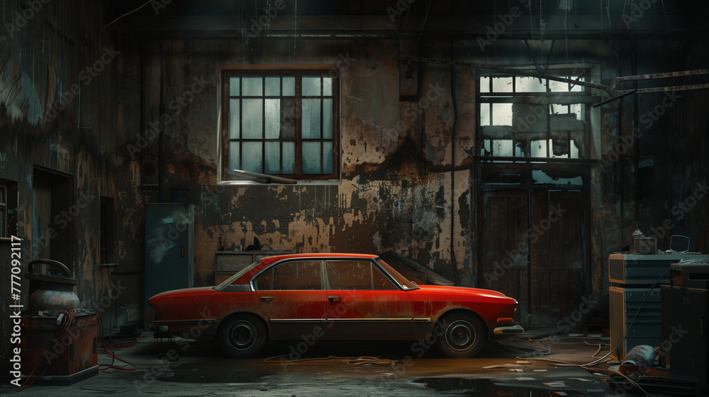Vintage Car in Abandoned Industrial Garage