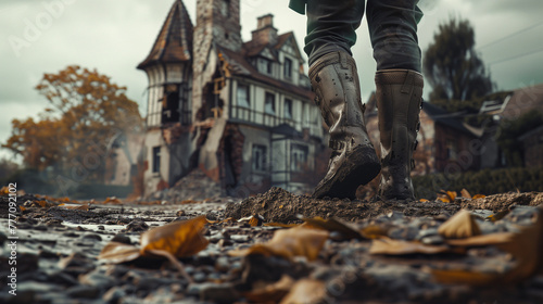 Autumn Stroll by a Tudor-style House