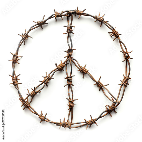 Peace Symbol made with Barbed Wire  isolated on white background 