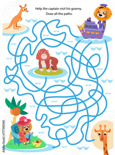 Fototapeta Naklejka Na Ścianę i Meble -  Maze for children. Puzzle for kids. Help captain of liner to visit grandma. Draw tracks. Cute cartoon characters. Vector illustration.