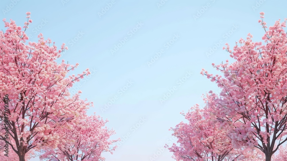 Cherry trees with minimalist, cartoonish blossoms set against backdrop.