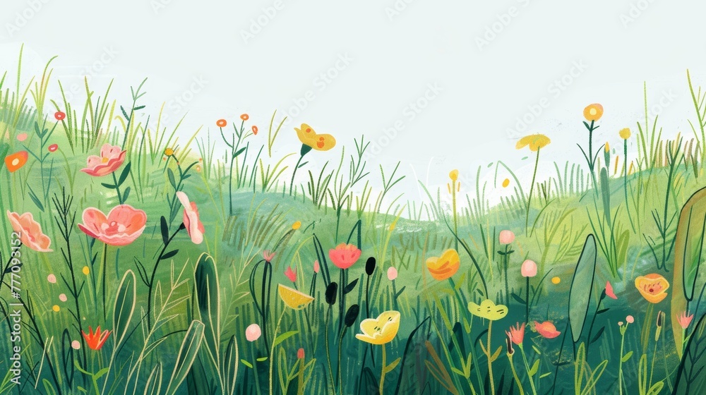 Fototapeta premium Simplistic green strokes depict a cartoon spring meadow