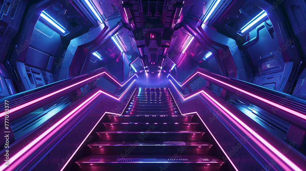 : A futuristic staircase in a sci-fi spaceship, illuminated by pulsating neon lights. - obrazy, fototapety, plakaty 