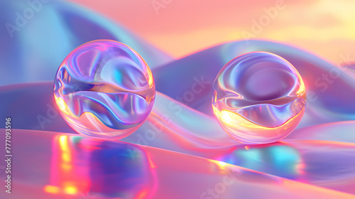 Two holographic balls float on vibrant liquid surface © Nadtochiy