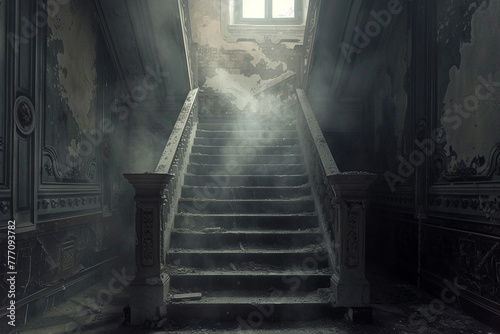 : A staircase in an old mansion, covered in dust