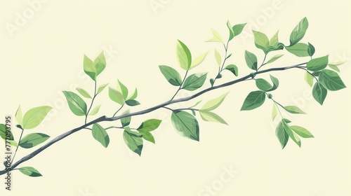 Minimalist branches sprouting green leaves and buds.