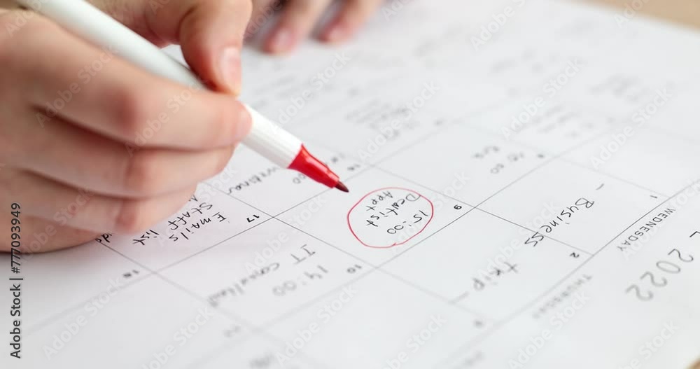 Hand circling plans in calendar with red felt tip pen closeup 4k movie slow motion. Case planning concept Hand circling plans in calendar with red felt tip pen closeup 4k movie slow motion. Case planning concept