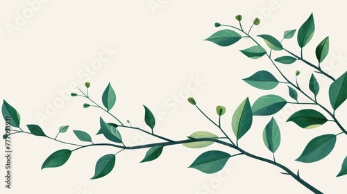 Minimalist branches depict the sprouting of green leaves and buds.