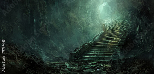 : A staircase leading down into the depths of a dark, ominous cave