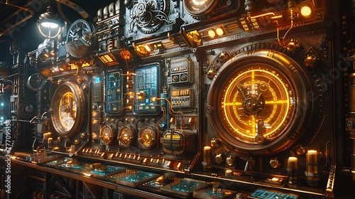 On the computer monitor, a steampunk network dashboard comes alive with rotating cogs and swinging pendulums that indicate various system metrics.