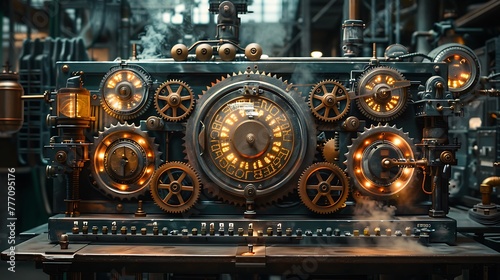 On the computer monitor, a steampunk network dashboard comes alive with rotating cogs and swinging pendulums that indicate various system metrics.