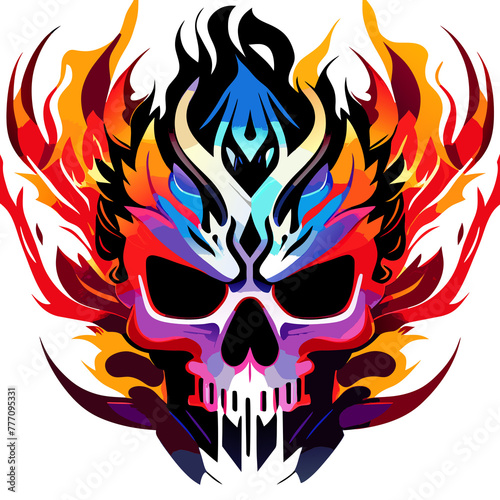 Flaming Tribal Skull Tattoo Design with Fire Flames Vector Illustration