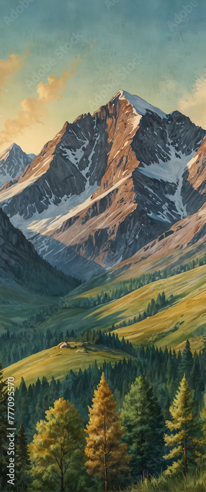 for advertisement and banner as Alpine Echoes The majesty of alpine landscapes echoed in watercolor hues. in watercolor landscape theme theme ,Full depth of field, high quality ,include copy space on 