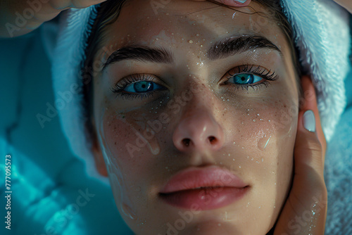  Close up of a beautiful woman getting her face massaged in a spa salon  with a white towel on her head  soft light  and warm colors