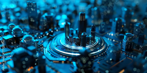 A dark city light concept on a blue background is portrayed through tilt-shift photography, detailed architectural drawings, circular shapes, and selective focus.