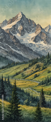 for advertisement and banner as Alpine Echoes The majesty of alpine landscapes echoed in watercolor hues. in watercolor landscape theme theme ,Full depth of field, high quality ,include copy space on  © Gohgah