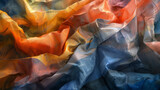 A paper kimono is covered in colorful fabrics, reflecting gauzy atmospheric landscapes, abstract photography, organic formations, and a naturalistic color palette in light orange and dark blue.