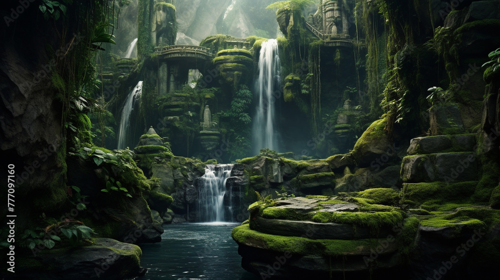 A majestic waterfall surrounded by lush greenery and moss-covered rocks.