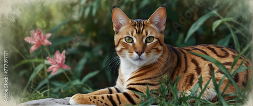 for advertisement and banner as Bengal Bliss A Bengal cat in blissful repose surrounded by watercolor flora. in watercolor pet theme theme ,Full depth of field, high quality ,include copy space on lef