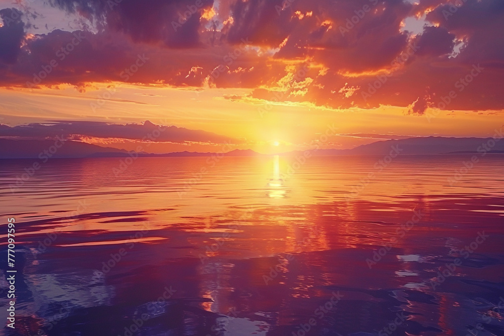 A mesmerizing 4K capture of a colorful sunset over a tranquil lake, with hues of orange and purple reflecting off the calm water, creating a stunning panorama.