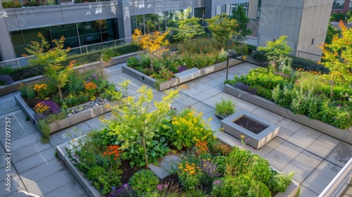 A view from above of a hidden rooftop garden with its geometric design and pops of colorful flowers standing out against the surrounding concrete landscape.