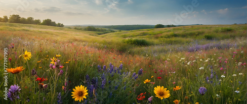 for advertisement and banner as Blooming Horizons Showcase the endless fields of wildflowers and blooms. in Fresh Landscape theme  Full depth of field  high quality  include copy space on left  No noi