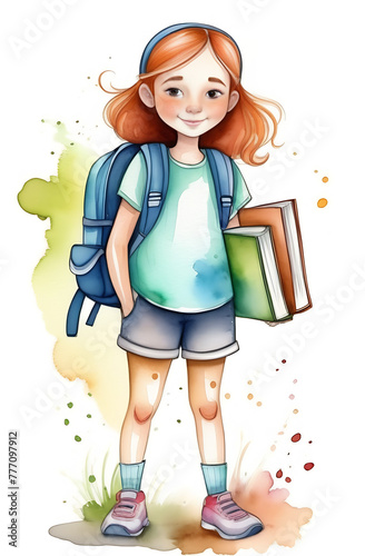 child reading a book with backpack illustration watercolor