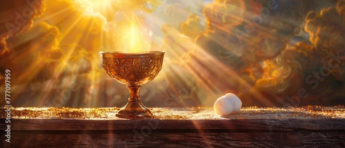 
Catholic illustration of a chalice and a consecrated host photo