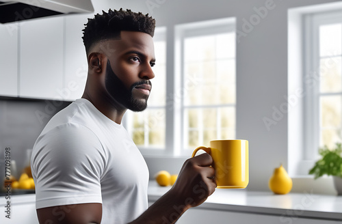 A handsome black man drinking cofe at the kitchen photo