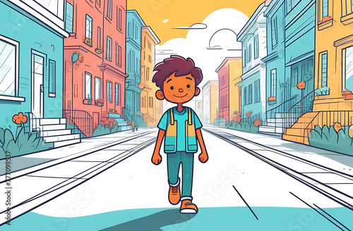 child with school backpack walking on the street illustration 