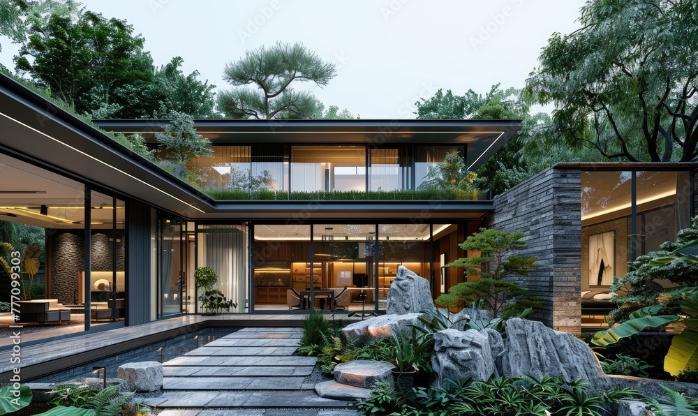 Fototapeta premium A modern villa with dark stone facade and large windows, surrounded by green trees