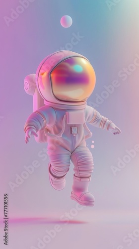 Flying astronut girl, little cute girl, stylized 3D animation, full body, colorful background. photo