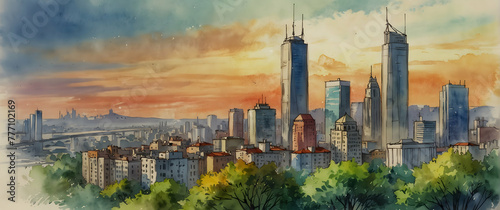 for advertisement and banner as Cityscape Wash Urban skylines meet the fluidity of watercolor washes. in watercolor landscape theme theme ,Full depth of field, high quality ,include copy space on left