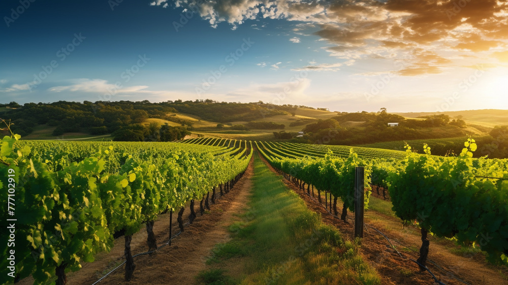 A picturesque vineyard with rows of lush grapevines.