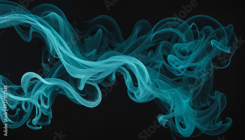 Teal blue blurry smoke wave on black background with copy space bright colors photo