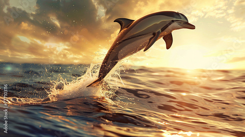 A playful dolphin jumping out of the water, its sleek body glistening in the sunlight.