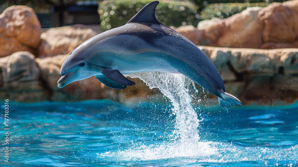 A playful dolphin jumping out of the water, its sleek body glistening in the sunlight.