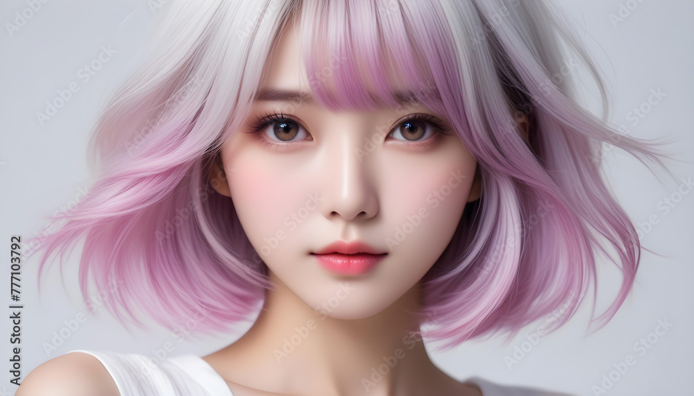 Beautiful and cute female model with flowing, shiny, stylish and colorful hair. She is used as a beauty image for care products.流れるような光沢のあるスタイリッシュでカラフルな髪を持つ美しくてかわいい女性モデル。 ケア製品などの美容イメージに。