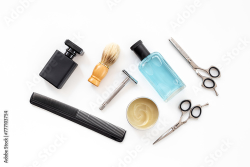 Fototapeta Naklejka Na Ścianę i Meble -  Male beauty products with perfume and barber tools, top view