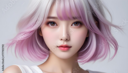 Beautiful and cute female model with flowing  shiny  stylish and colorful hair. She is used as a beauty image for care products.                                                                                                                                                                            