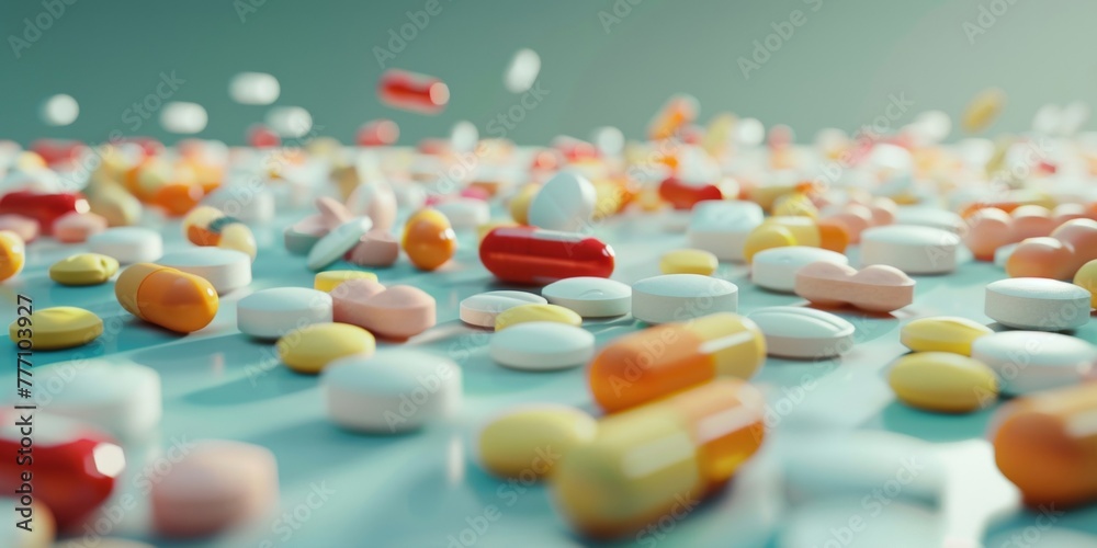 A table covered with an assortment of colorful pills and capsules spread out - obrazy, fototapety, plakaty 