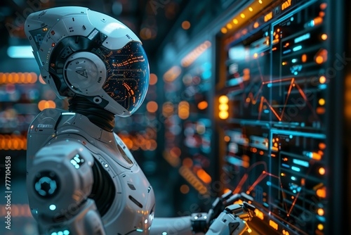 Cybersecurity robots analyzing and patching vulnerabilities in real-time, their actions illuminated by pulsating lights of future world's command hub. Single mechanoid interfaces with complex server