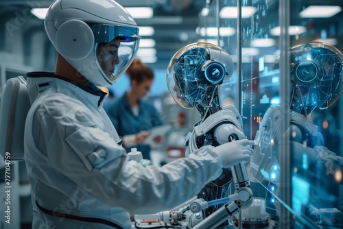 Humanoid technician calibrates a robotic counterpart, their visors reflecting the intricate dance of blue diagnostics. Cyborg maintenance unfolds as an engineer fine-tunes an android’s systems amidst photo