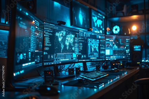 command station brims with sophisticated monitors, showcasing intricate maps and data for global surveillance. Screens flood a control room with detailed analytics and geographic patterns,