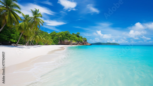 A pristine beach with crystal-clear turquoise waters and powdery white sand.