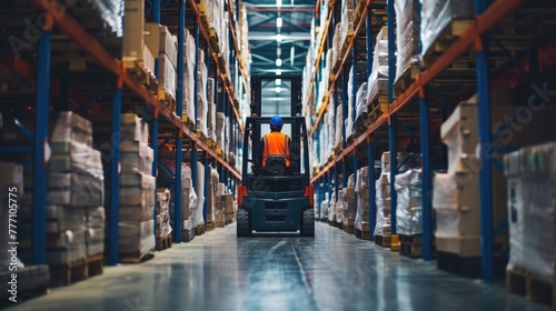 A man operates a forklift in a warehouse, transporting goods amidst shelves of building materials and wooden flooring. AIG41 photo