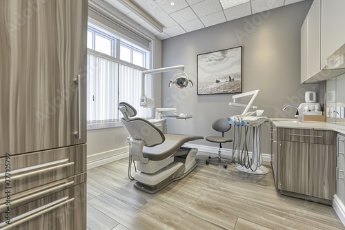 A snapshot of a dentists office featuring a dental chair and sink, showcasing modern equipment and a comfortable treatment room photo