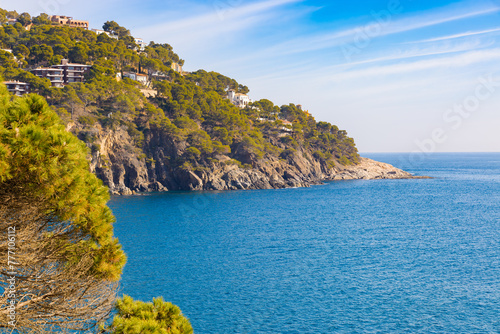 Un paisaje invernal de la costa de Llansa a Calella de Palafrugell, mostrando las azules aguas del Mediterráneo bordeando acantilados y lujosas residencias entre pinos. photo