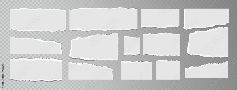 Realistic ripped white paper sheets isolated on transparent background. Torn blank pages with uneven texture. Vector
